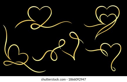 A collection of decorative frames in the shape of a gold heart ribbon. Perfect for design elements of invitation ornate frames and templates. Elegant gold love  swirl decorative set.