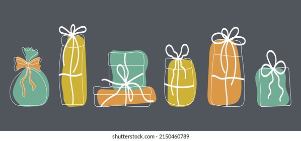Collection of decorative gift boxes in linear style with colorful vector blots, doodle style.