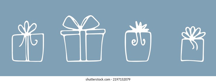 Collection of decorative gift boxes in a linear style with bright vector spots, doodle style. Set of different colored surprise boxes. Christmas cozy cute gifts. Spruce branches decorative ornaments.