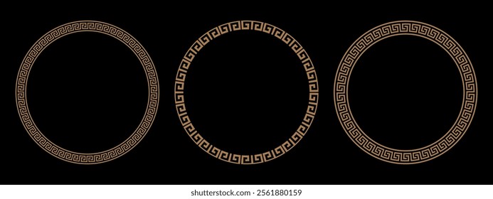 Collection of decorative gold round frames for design with Greek key, meander. Circle frame. Egyptian, Assyrian, Greek motif circular frame. Template for textiles, engraving, forging, embroidery