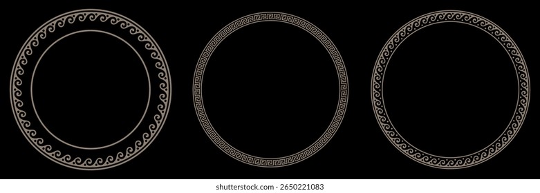 Collection of decorative gold round frames for design with Greek key, wave meander. Circle frame. Egyptian, Assyrian, Greek motif circular frame. Template for textiles, engraving, forging, embroidery