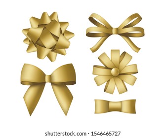 Collection of decorative golden bows. Gift box wrapping and holiday decoration. Vector illustration