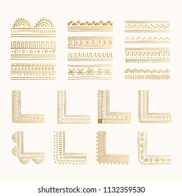 Collection of decorative golden corners and borders. Creative oriental design. Vector illustration.