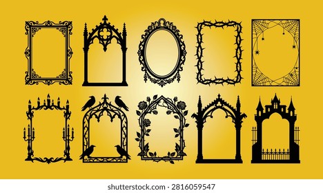 Collection of decorative gothic and halloween themed frames and borders including ornate Victorian designs thorny branches spiderwebs with spiders candelabras crows roses and castle gates isolated on a golden background