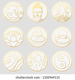 Collection of decorative graphic design elements in oriental style. Zen, meditation, buddhism, tea ceremony. Vector hand drawn illustration