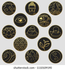 Collection of decorative graphic design elements in oriental style. Zen, meditation, buddhism, tea ceremony. Vector hand drawn illustration