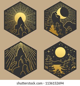 Colección de elementos decorativos de diseño gráfico en estilo boho. Sol, luna, cielo, bosque, montañas. Ilustración dibujada a mano por el vector