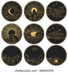 Collection of decorative graphic design elements in oriental style. Sun, Moon, sky, mountains. Vector hand drawn illustration