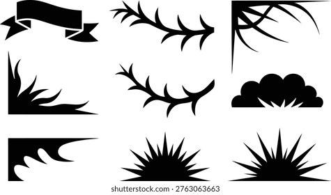 Collection of decorative graphic elements including a ribbon banner thorny branches corner flourishes and abstract sunbursts isolated on transparent background