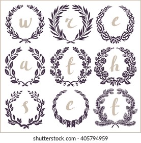 Collection of decorative hand-drawing wreaths.