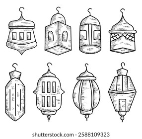 Collection of decorative hanging Islamic lanterns in various styles, intricately designed lanterns suitable for outdoor decor, festivities, or cozy indoor lighting.