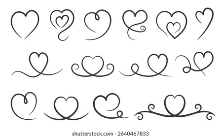 Collection of decorative heart elements with calligraphic swirls and line art, vector eps10 illustration