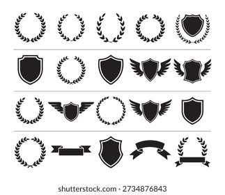 Collection of decorative heraldic icons featuring vintage shields laurel branches and curved banners
