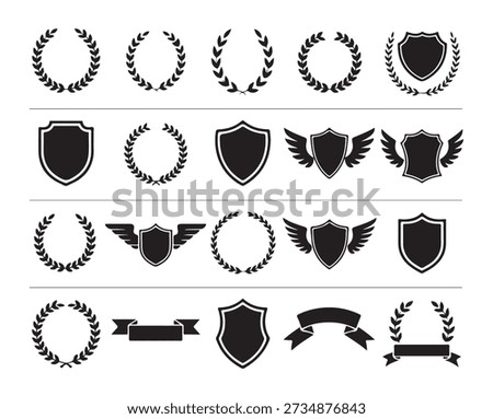 Collection of decorative heraldic icons featuring vintage shields laurel branches and curved banners