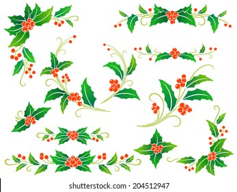Collection of decorative holly branches for your design: corners, divides, frame elements and rosettes.
