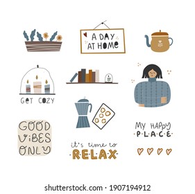 Collection of decorative home elements with home quotes. Scandinavian style interior elements. Cozy hygge concept. Vector cartoon hand drawn illustration.