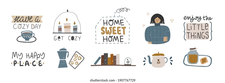 Collection of decorative home elements with home quotes. Scandinavian style interior elements. Cozy hygge concept. Vector cartoon hand drawn illustration.