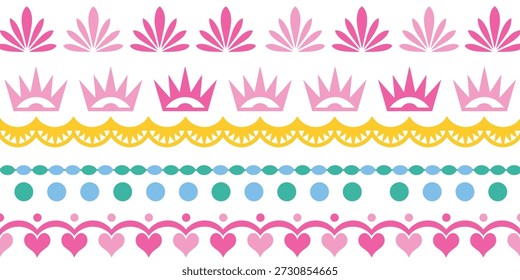Colección de bordes Horizontales decorativos con coronas rosas vieiras amarillas círculos azules y azules y corazones rosas