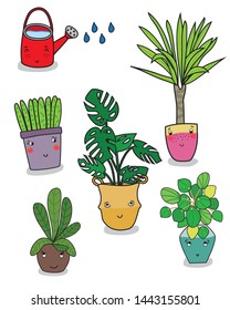Collection of decorative houseplants isolated. Bundle of trendy plants growing in pots. Flat colorful vector illustration. 