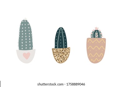 Collection of decorative houseplants isolated on white background. Bundle of trendy plants growing in pots. Set of beautiful natural home decorations. Flat colorful vector illustration.