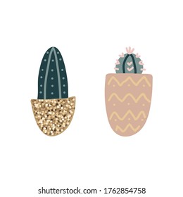 Collection of decorative houseplants isolated on white background. Bundle of trendy plants growing in pots. Set of beautiful natural home decorations. Flat colorful vector illustration.