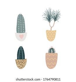 Collection of decorative houseplants isolated on white background. Bundle of trendy plants growing in pots. Set of beautiful natural home decorations. Flat colorful vector illustration.