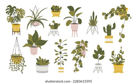 Colección de casas decorativas aisladas de fondo blanco. Conjunto de plantas de moda que crecen en macetas o plantadores. Conjunto de hermosas decoraciones de la casa. Ilustración vectorial plana de color.