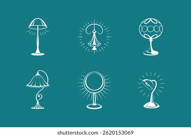 Collection of decorative lamp and mirror icons in white outline vector