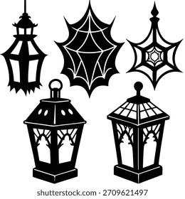 Collection of decorative lanterns and spiderwebs