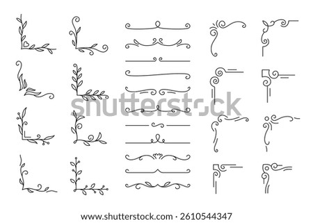 A collection of decorative line art elements including floral corners, elegant dividers, and ornate borders. Ideal for invitations, stationery, and graphic design.