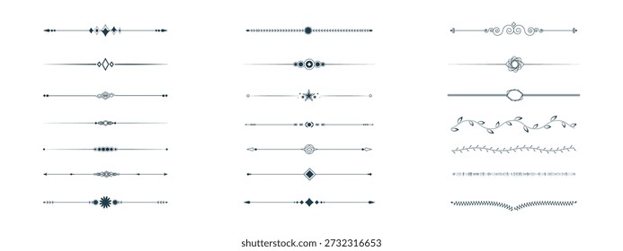 Una colección de divisores de línea decorativos con varias Formas y diseños, adecuados para fines de Diseño gráfico y diseño. Elementos decorativos de Boda. Ornamento divisor, bordes, separadores de línea vintage.