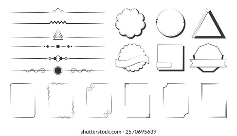 A collection of decorative line dividers and frames. Includes various shapes like circles, triangles, and clouds. Perfect for design projects and creative layouts. Element vector set.