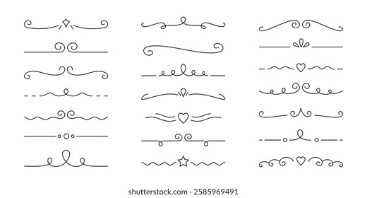 A collection of decorative line dividers in various elegant and ornate styles, including swirls, hearts, and geometric shapes, arranged in three columns on a white background.