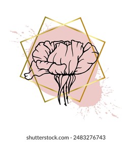 Eine Kollektion von dekorativen, geradlinigen Skizzen von Rosenblumen mit abstrakten Flecken, Flecken, Strichen und goldenen Rahmen. Vektorgrafik-Grafiken.