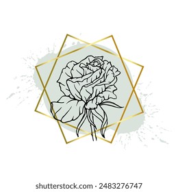 A collection of decorative, linear sketches of rose flowers with abstract spots, blots, strokes and golden frames. Vector graphics.