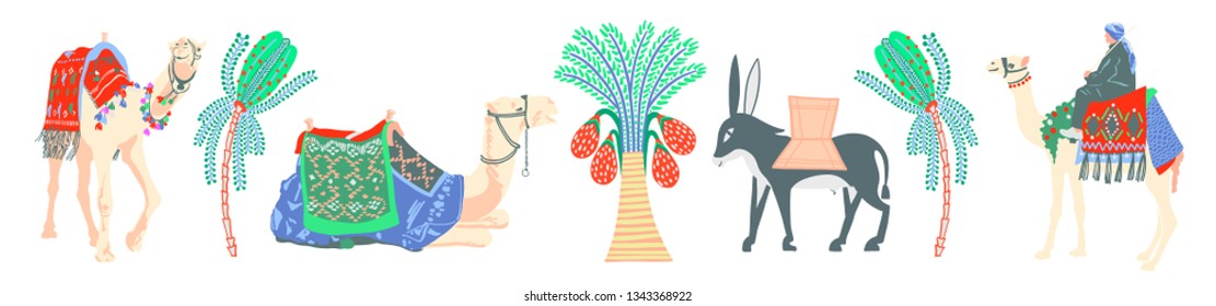 
a collection of decorative modern icons in the ancient Egyptian style, images of a camel, donkey and palm vector illustration set