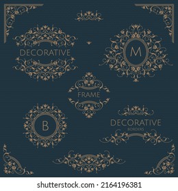 Colección de elementos decorativos ornamentales. Marcos elegantes, monogramas, bordes y esquinas.