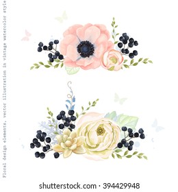 Collection decorative ornaments of flowers, wild Privet Berry, plants and leaves in vintage watercolor style with butterflies.