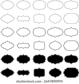 A collection of decorative, ornate frames and labels with varied shapes. Includes both empty white outlines and solid black fills, perfect for graphic design elements.