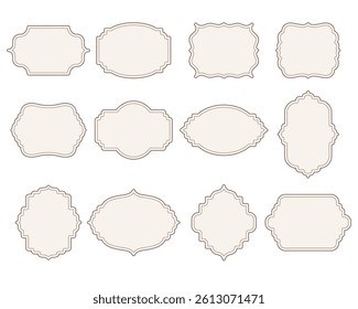 Collection of decorative, ornate label frames in various shapes.