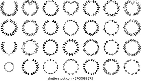 Colección de coronas de laurel ovaladas y circulares decorativas, dibujadas a mano en un estilo sencillo y elegante en blanco y negro.