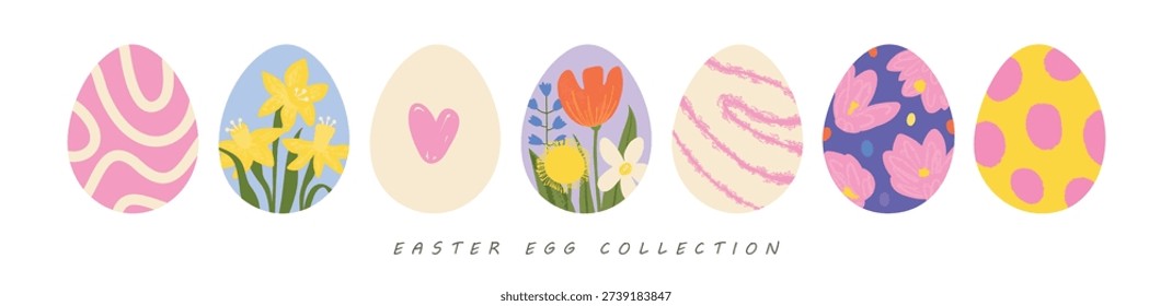 Collection of decorative painted Easter eggs in a trendy flat style featuring hearts, spring flowers, and geometric patterns. Vector elements for holiday design.