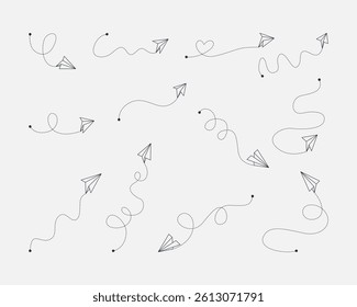 Collection of decorative paper airplane designs with swirling lines.