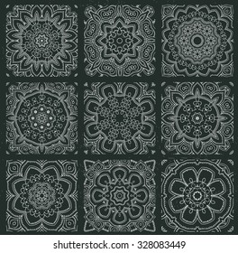 Collection of decorative patterns and textures. Snowflakes artistic icons. Mandala collection