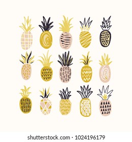 Collection of decorative pineapples of various color and texture isolated on white background. Bundle of exotic tropical ripe juicy fruits. Colorful hand drawn vector illustration in doodle style.