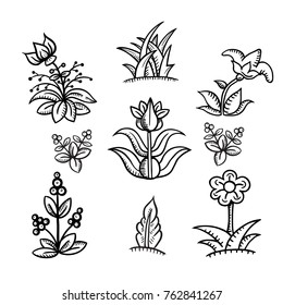  Collection of decorative plant elements. Flowers, berries, grass and leaf. Isolated illustration in vintage style.Vector.