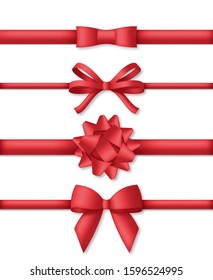 Collection of decorative red bows with horizontal ribbons. Vector illustration