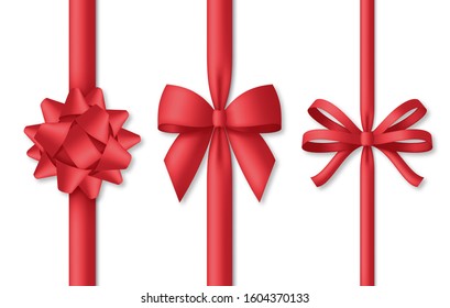 Collection of decorative red bows with vertical ribbons. Vector illustration