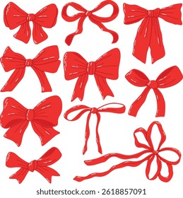 Collection of Decorative Red Ribbon Bows in Various Styles and Designs. Illustration featuring a set of vibrant red decorative ribbon bows, showcasing diverse styles suitable for holiday decorations