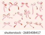 Collection of decorative ribbon bows. Cute flat vector illustration in pink and red colors for celebration, gift, and festive design.